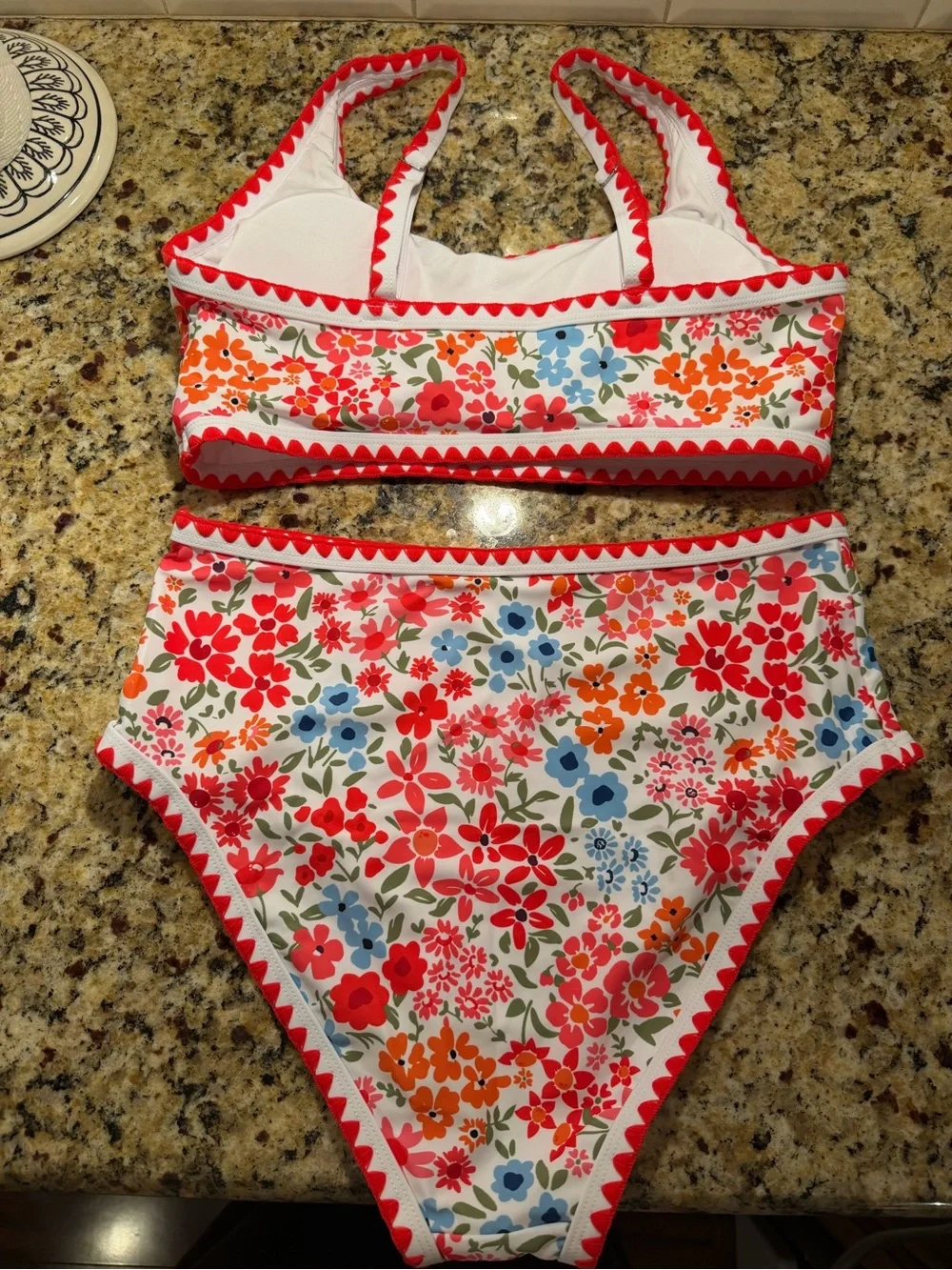 Floral Cottagecore High-Waist Bikini Set with Red Trim NWOT | size Medium